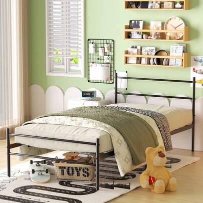 FurnitureR Cama Twin Armazón de Cama de Metal de fácil Montaje con cabecera y pie de Cama, sin Funda de colchón, Listones Resistentes Mejorados Negro