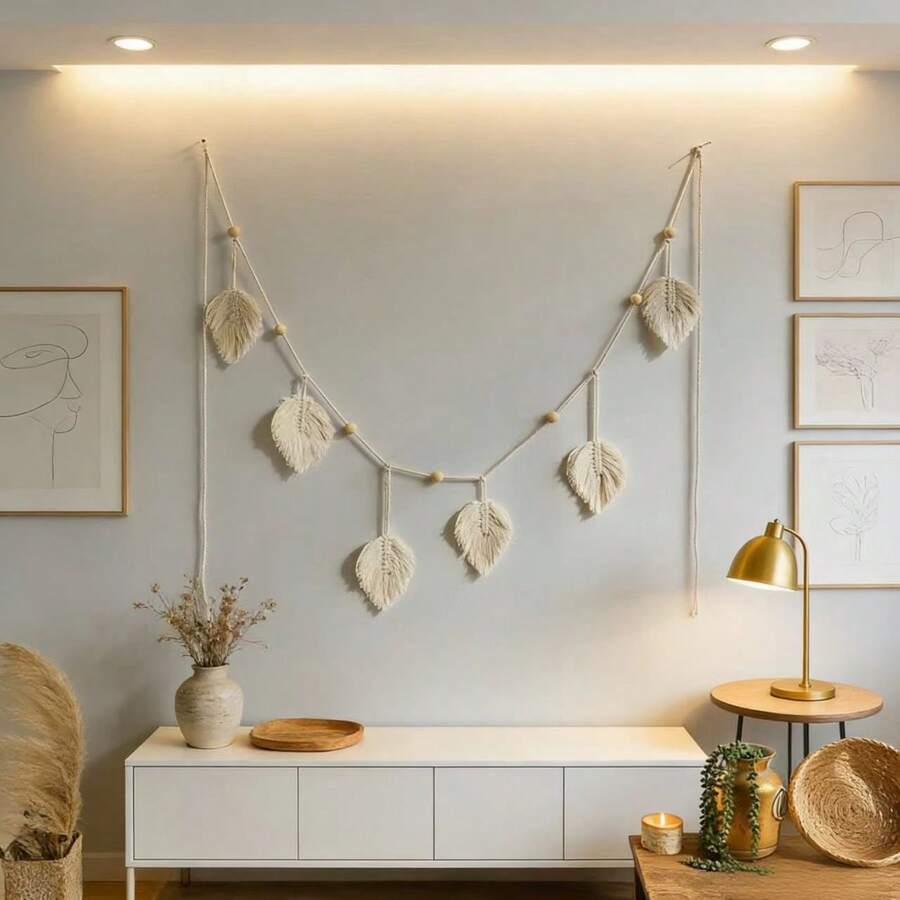 1pc Macrame Wall Hanging, Boho Style Curtain Decor, Handwoven Wood Bead Leaf Tassel Wall Tapestry, Background Decor For Wall, Headboard, Bed - Beige - View 1
