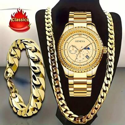 男士腕表套装：罗马数字表盘水晶腕表 + 链项链和手链三件套，奢华金色男士商务配饰，情人节、新年理想礼物