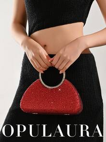 OpulAura 1pc Glamorous Sparkling Red Rhinestone Box Clutch Bag, Charming Asymmetric Shiny Handbag, Luxury Diamond Purse, Suitable For Evenings, Weddings, Parties, Celebrations, An Excellent Gift For Women, Ideal For Valentine's Day - Red - View 8