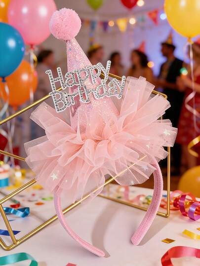 1pc Happy Birthday Pink Tulle Headband, Rhinestone Birthday Crown Headpiece, Fashion Hair Accessory, Suitable For Girls/Daughters Party Gift