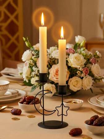 1个优雅铁艺烛台，适用于餐桌 - 复古中心装饰，装饰烛台 - 适用于婚礼、宴会、派对、家居装饰、节日派对装饰，星形、月亮形、灯笼形，生日、毕业典礼、节日礼物