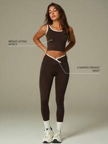 UONNOU 女士无袖上衣和紧身裤两件套运动服套装，采用蜜桃形提拉设计，收腰剪裁，面料柔软舒适，适合网球、高尔夫、羽毛球、球类运动、瑜伽、普拉提、轻度运动、健身房锻炼、跑步、户外休闲、通勤、工作、购物以及各种运动场合，时尚无缝运动服套装，四季皆宜。 - 棕色 - 查看 3