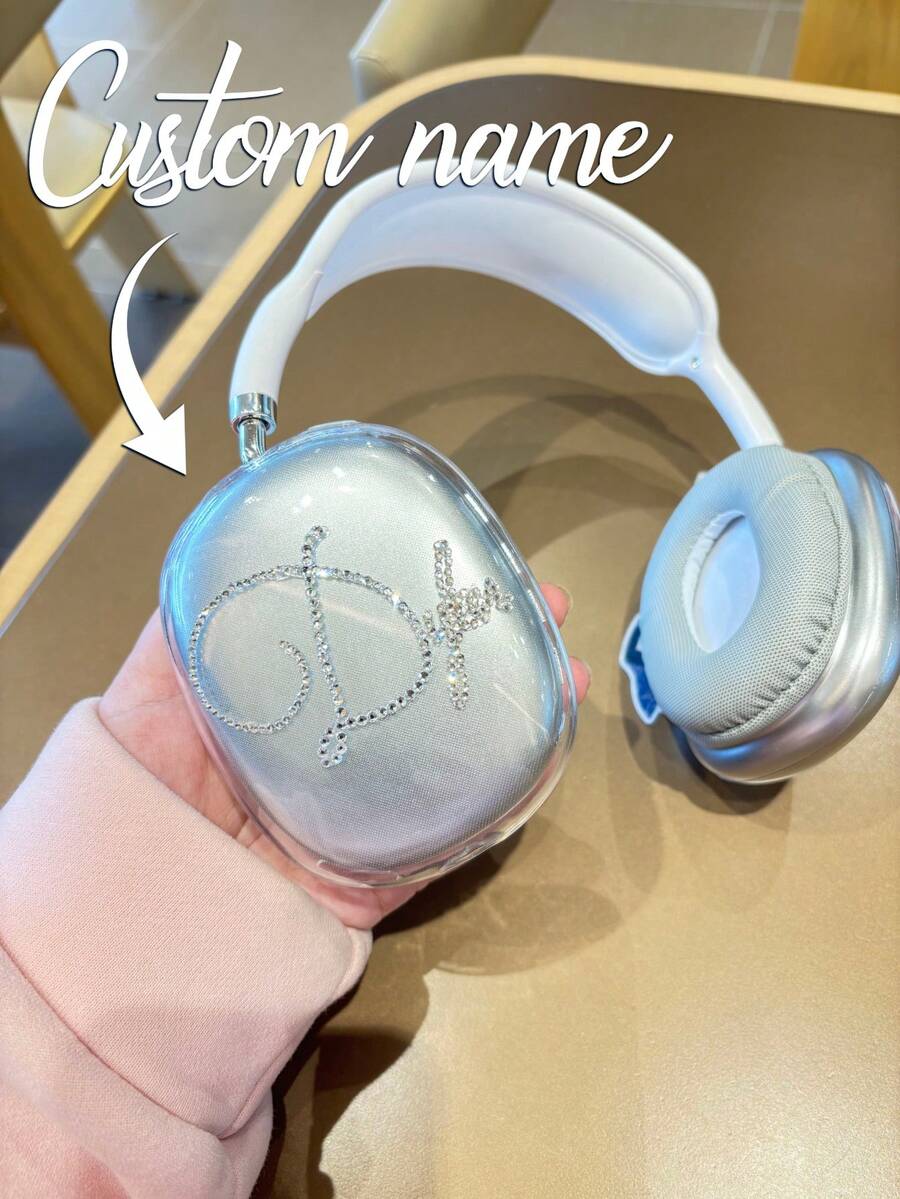 1pc Customized Max Headphone Case, Personalized Name "Shiny" Version, Max Protective Case With Crystal Rhinestone Shell, Personalized Fashionable TPU Soft Headphone Box, Cute Text Design For Men And Women, DIY Anniversary