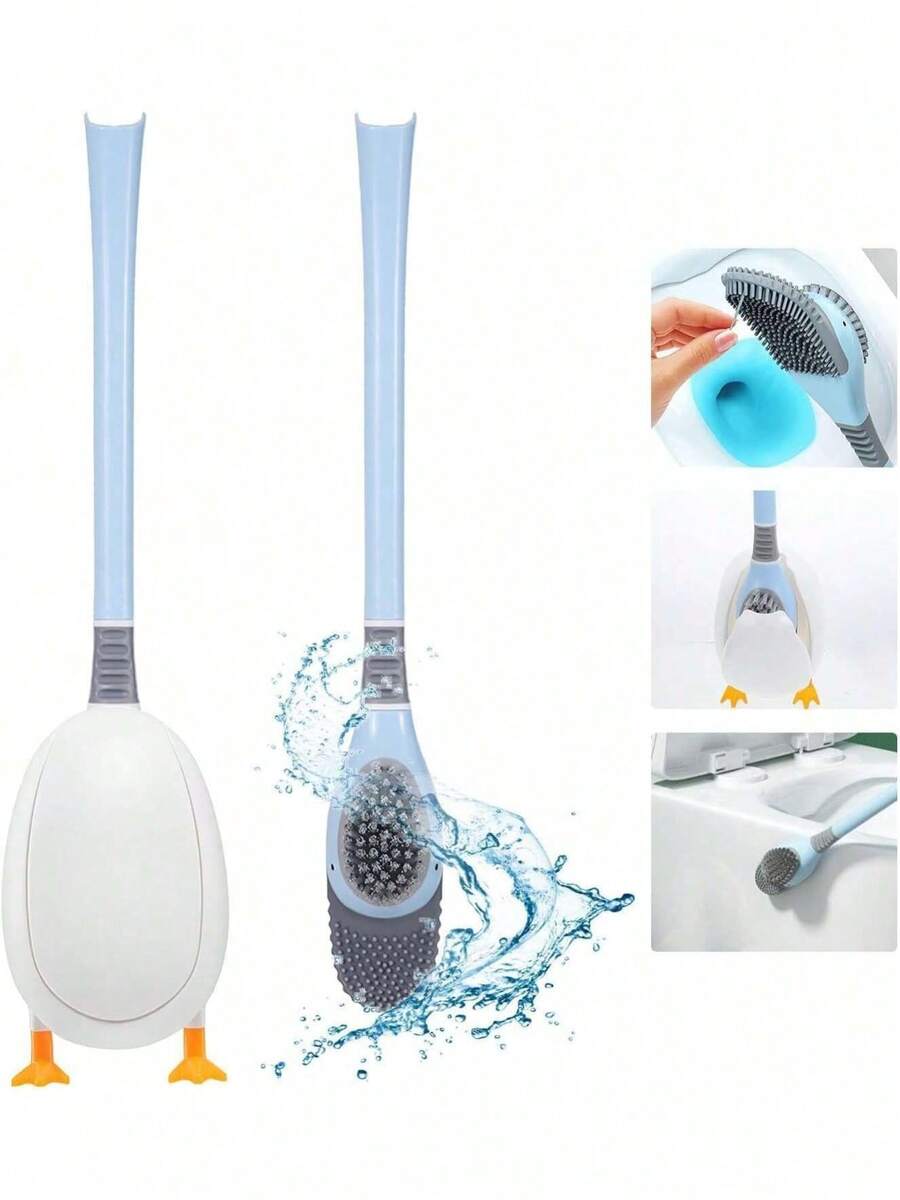 EstiloEscobillero de Silicona, Cepillo para Lavar Baño, Juego de Escobilla y Soporte para Inodoro de Baño, Cabezal de Cepillo Flexible con Cerdas de Silicona (Azul)Versión mejorada - azul - Ver 1