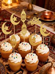 24个/2026个闪亮月亮和星星开斋节快乐纸杯蛋糕装饰，非常适合伊斯兰穆斯林主题派对蛋糕装饰，金色版 - 風格1 - 查看 3