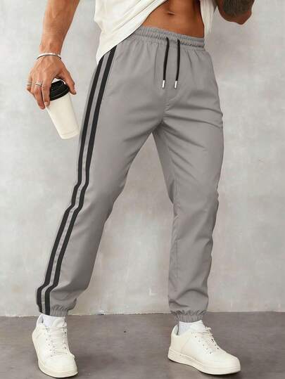 1pc Men's Casual Sports Pants, Loose Fit Lightweight Breathable Trousers For Running, Outdoor, Hiking, Jogging, Fitness Training, Summer Beach, Commuting, Fashionable Striped Cropped Pants