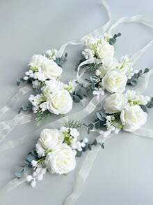 1pc/6pcs Artificial Ivory Rose Flower Bride Wrist Corsage Bridesmaid Sister Women Hand Flowerwedding DIY Flowers Party Deocration