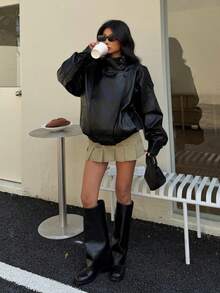 Seelio Autumn/Winter New Women's Fashion Leather Jacket, Minimalist European Style, Versatile Litchi Texture - Black - View 5