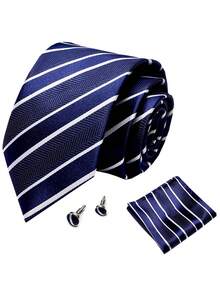 AlanKing 1set Gray Striped Tie, Handkerchief And Cufflinks Set, Formal Business Suit Accessories For Men, Wedding Party Gift Men Necktie - Color Mixing - View 5