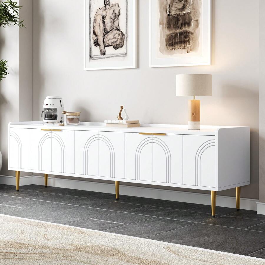 Mobile TV 170 x 35 x 47,5 cm in MDF, mobiletto TV basso con ante 3D e piedini in metallo dorato, moderno tavolo TV con ampio spazio di archiviazione, adatto per soggiorno e zona TV - Bianco - Visualizzare 1
