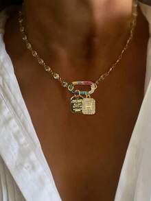 1件 STYLEVER 金色 A-Z 26字母项链，彩色钻石椭圆形扣环链，搭配金色珠子和不锈钢链，独特优雅风格 - 金黃色 - 查看 6