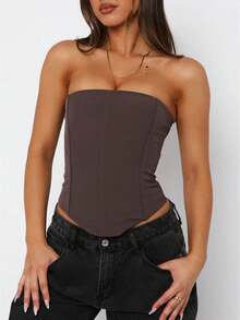 Womens Strapless Bustier Corset Top Y2k Lace Up Boned Overbust Corset Bodyshaper Tube Top Going Out Bustier - 咖啡色 - 查看 1