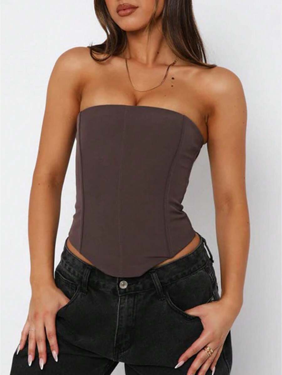 Womens Strapless Bustier Corset Top Y2k Lace Up Boned Overbust Corset Bodyshaper Tube Top Going Out Bustier - Màu nâu - Xem 1