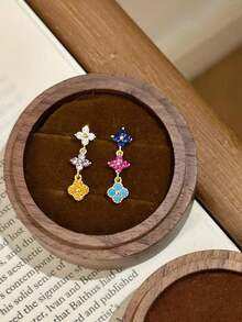 1 Đôi bông tai tua rua hình hoa cỏ ba lá nhiều màu sắc kiểu cổ điển, trang sức tinh tế dành cho nữ, phụ kiện retro sang trọng. - Nhiều màu - Xem 2