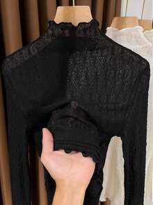 2025 New Spring/Summer/Autumn Lace Trim Turtleneck Sweater For Women, Thin Sheer Layering Top - Black - View 3