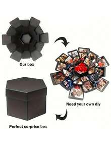1pc Hexagon Explosion Gift Box, Birthday Wedding Surprise Gift Box, Multi-Layer Expandable Photo Storage Box - Black - View 4