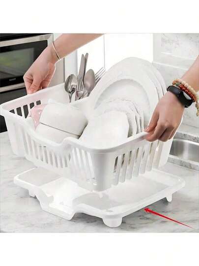 节省空间的碗碟沥水架，带沥水盘、餐具架和滴水盘 - 设有排水孔，便于排水，多功能厨房沥水盒，适合家庭和宿舍使用，带沥水盘