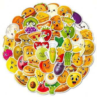 56pcs Cartoon Food Facial Expression DIY Waterproof Creative Graffiti Stickers, Tablets, Computers, Laptops, Phone Cases, Guitars, Desktops, Water Bottles, Suitcases, Skis, Toy Decorative Art Stickers, Hand Account Decorative Stickers