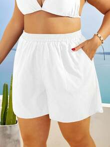 Swim Vcay 大码夏季假日海滩斜口袋松紧腰沙滩短裤黑色短裤女式女士运动短裤沙滩短裤 - 白色 - 查看 1