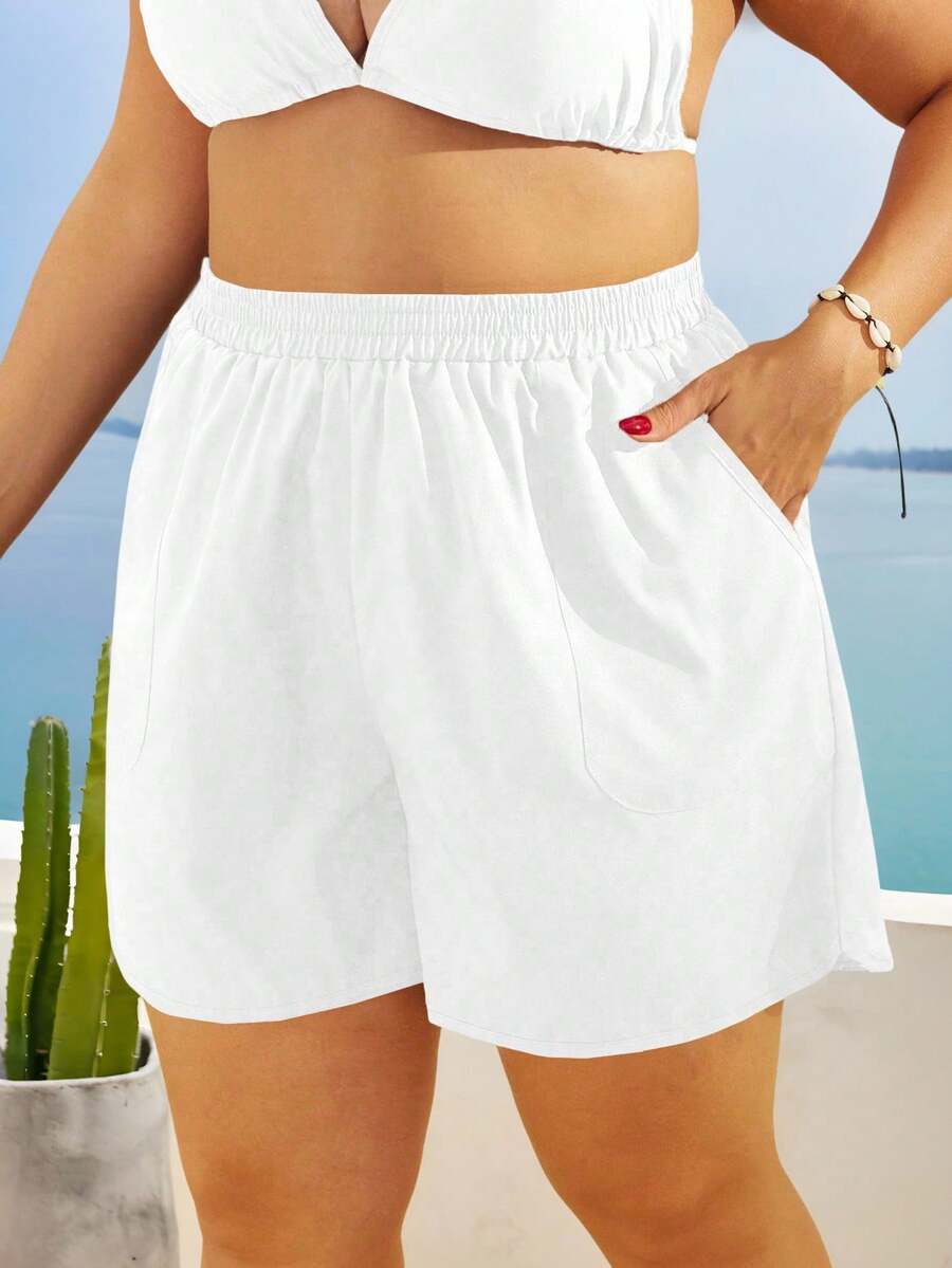 Swim Vcay 大码夏季假日海滩斜口袋松紧腰沙滩短裤黑色短裤女式女士运动短裤沙滩短裤 - 白色 - 查看 1