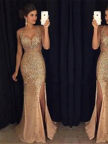Slim Sequins Autumn And Winter New European And American New Split Bronzing Dress Long Dress Evening Dress - Vàng - Xem 2