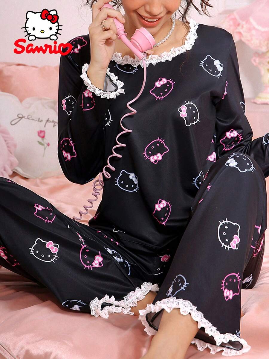 2pcs Sanrio Hello Kitty Women's Sleepwear Set, Round Neck, Lace Trim, Cute Pajama Set, Home Wear, Spring/Summer