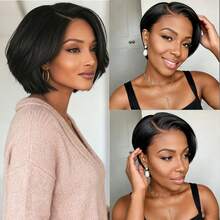 13x4 透明蕾丝前假发，巴西 Remy 真人发精灵短发假发，逼真发际线，柔顺短直发造型，适合日常佩戴、派对、音乐节和圣诞节 | 自然外观，百搭耐用 - Natural Black - 查看 9