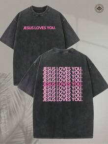 230GSM Heavy Washed T-Shirt- Jesus Loves You Religious Pattern T-Shirt, Pink Green And Pink Letters Double-Sided Print- Christian Clothing, Unisex Crew Neck Top, Suitable For Church, Casual Wear, Gift Giving- Machine Washable Soft Crew Neck - 黑色 - 查看 1