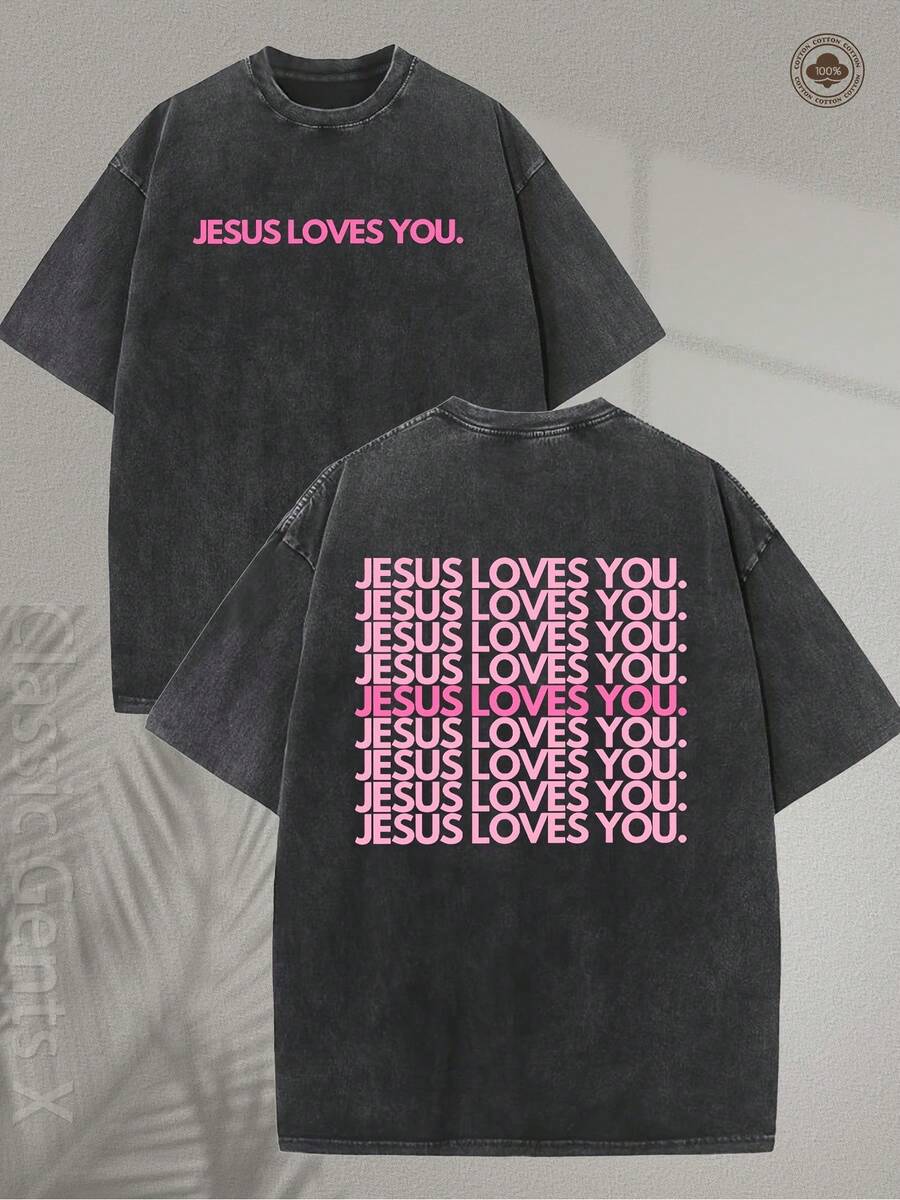 230GSM Heavy Washed T-Shirt- Jesus Loves You Religious Pattern T-Shirt, Pink Green And Pink Letters Double-Sided Print- Christian Clothing, Unisex Crew Neck Top, Suitable For Church, Casual Wear, Gift Giving- Machine Washable Soft Crew Neck - 黑色 - 查看 1