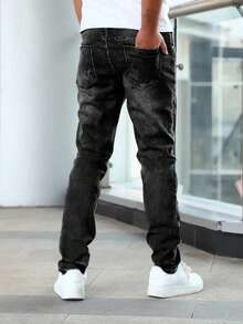 Men's Slim-Fit Stretch Jeans, Men's Skinny Jeans, Stylish And Comfortable Stretch Waist Jeans, Men's Trousers, Men's Sweatpants, Black And Gray Washed Jeans, Slim Fit, Versatile Style, Pockets, Zipper, Buttons, Halloween, Christmas - 黑色 - 查看 2