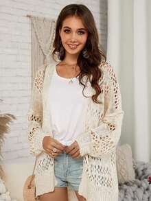 Women's Crochet Cardigan Kimono Boho Solid Color Oversized Open Front Fall Outerwear - Army Green - View 2