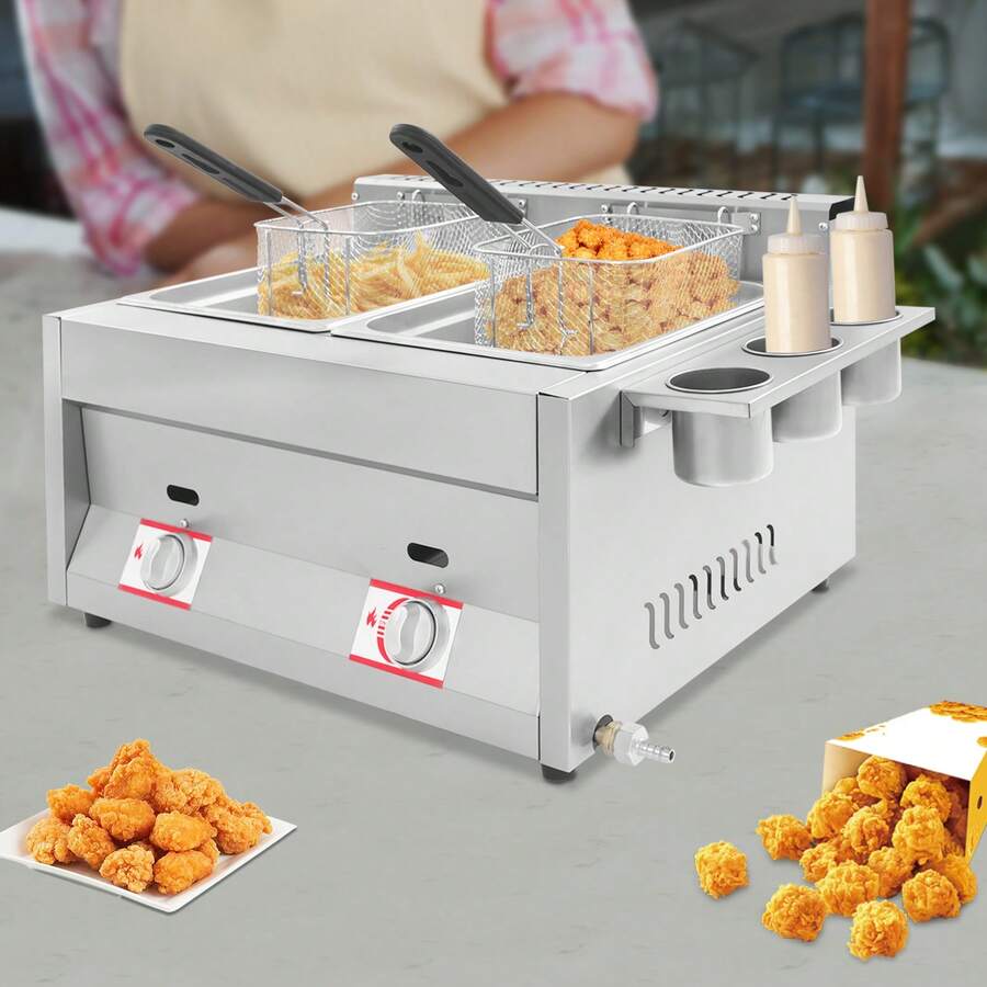 WOBENFOG Dual Tank 6L Gas Deep Fryer Commercial, Stainless Steel Two-Basket Restaurant Fry Station With Independent Temperature Control