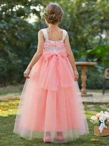 少女无袖露肩花卉贴花网纱腰部拼接长款时尚派对公主裙，适合婚礼、生日、晚宴等场合 - 粉色 - 查看 10