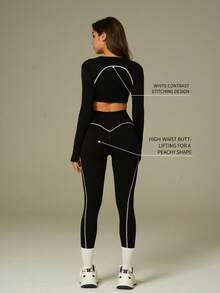 UONNOU 两件套女士运动长袖塑身衣套装，包含上衣和裤子，适合运动、休闲、塑身、瑜伽等场合，圆领设计，白色轮廓线勾勒，超短塑身上衣，运动拇指孔设计，收腰设计 - 黑色 - 查看 3