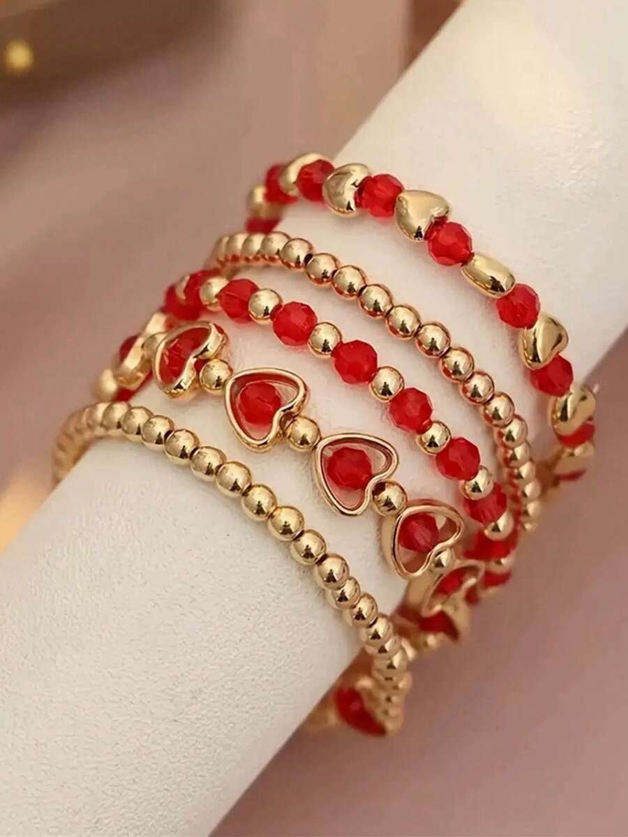 1 pieza/5 piezas Conjunto de pulsera y tobillera con corazón rojo para mujer - Multicolor - Ver 1