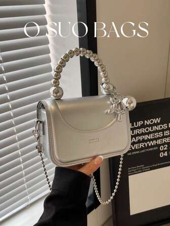 1pc Mini Fashionable Flap Square Bag, Handmade Metal Color Beaded Handbag, Unique Chain Shoulder Bag, Suitable For Daily Outing And Shopping