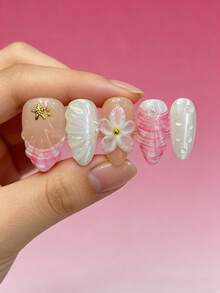 10片装甜美粉白3D立体雕刻贝壳海星美甲贴纸，亚克力美甲贴花，美甲配件，美甲用品 - 彩色 - 查看 2