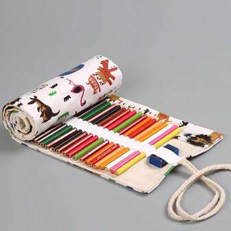 1pc Canvas Pencil Case 48 Holes 24 Colors Colored Pencil Pouch Cartoon Style For Men & Women, 36 Colored Pencils