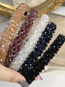 1件女士黑色手工四排水晶串珠发箍，饰以全水晶发带，适合日常佩戴，优雅头饰，发箍，发圈，发饰，头饰