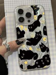 1个可爱黑猫手机壳，兼容 13/17/13/15/14/11/12/16/17 Pro Max/16 Plus，激光银色羽毛纹理防震保护套 - 黑色 - 查看 4