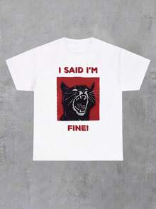 Plus-Size Women's Cat-Print Crew Neck T-Shirt, Spring/Summer Casual Short-Sleeved Top, Plus-Size Women's Clothing. - White - View 1