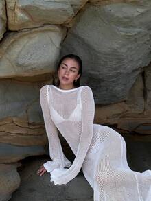 女士夏季长袖半透明针织衫圆领度假长款罩衫沙滩白色 - 白色 - 查看 2