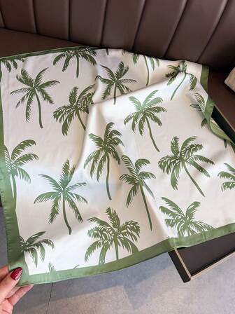 1 pieza Pañuelo cuadrado de seda sintética con estampado de árbol de coco fresco y contraste, adecuado para playa, calle, uso diario, vacaciones, decoración de bolso de moda.