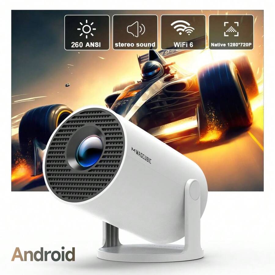Magcubic Portable Projector With Android Dual WiFi 6 Native 720P & 4K Support Low Noise One-Handed Operation Smartphone & Tablet Connectiv