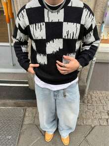 ANDREILEE Checkered Pattern Streetwear Unisex Sweater, Suitable For Autumn And Winter - الأسود - مشاهدة 6