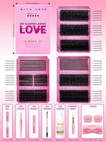 RITALASH 960PCS Spike&Cat Lash D Curl Individual Eyelashes Black Individual Eyelashes Soft And Comfortable Kit With Lash Bond&Seal Lash Remover Tweezers Dual-Ended Brush Shampoo&Brush Headband Wristband For Daily Life & Dates & Party - 黑色 - 查看 2
