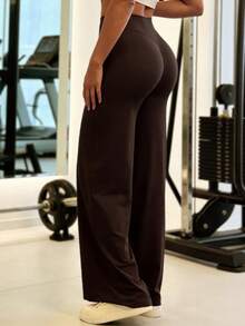1pc Women High Waist Straight Leg Wide Leg Pants, Sports Trousers - Brown - View 6