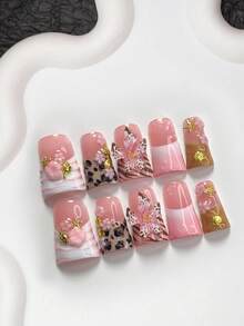 10pcs Romantic Pink Nail Stickers Set, Acrylic Nail Art Kit, Pink 5-Petal Flowers, Gold Starfish, Shells, Fish, White Mixed 5-Petal 3D Floral Nail Decorations, Brown Leopard Print, Pink Waterwave Nail Art Decals, Ombre Pink, Includes Nail Tools (1 Jelly Sticker + 1 Nail File) Nails Nail Supplies - 彩色 - 查看 11