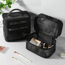 大容量高品质化妆包 - 粉色三折旅行化妆收纳包，带多个拉链口袋和腕带。可收纳化妆刷、洗漱用品、首饰及其他洗漱用品。收纳整理洗漱包 | 实用储物包，大容量化妆包。 - 彩色 - 查看 4